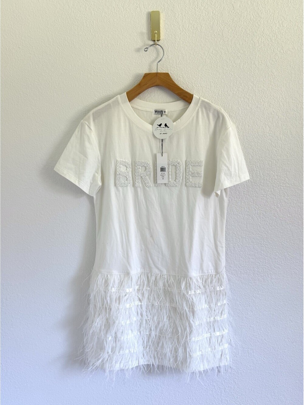 Why Dress NWT White Beaded Feathered Bride Drop Waist Shift Dress Sz Medium